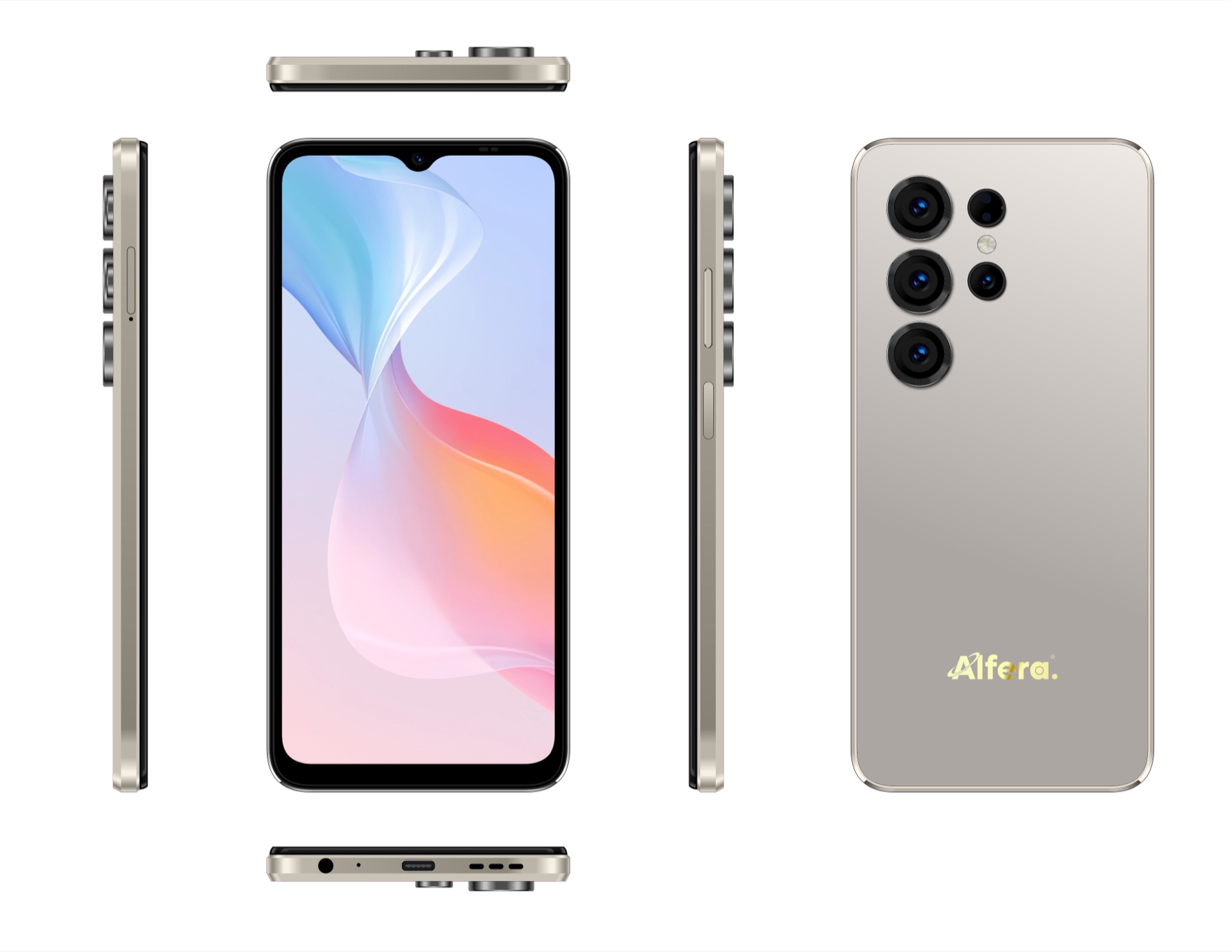 Alfera Edge smartphone — front, back and side views
