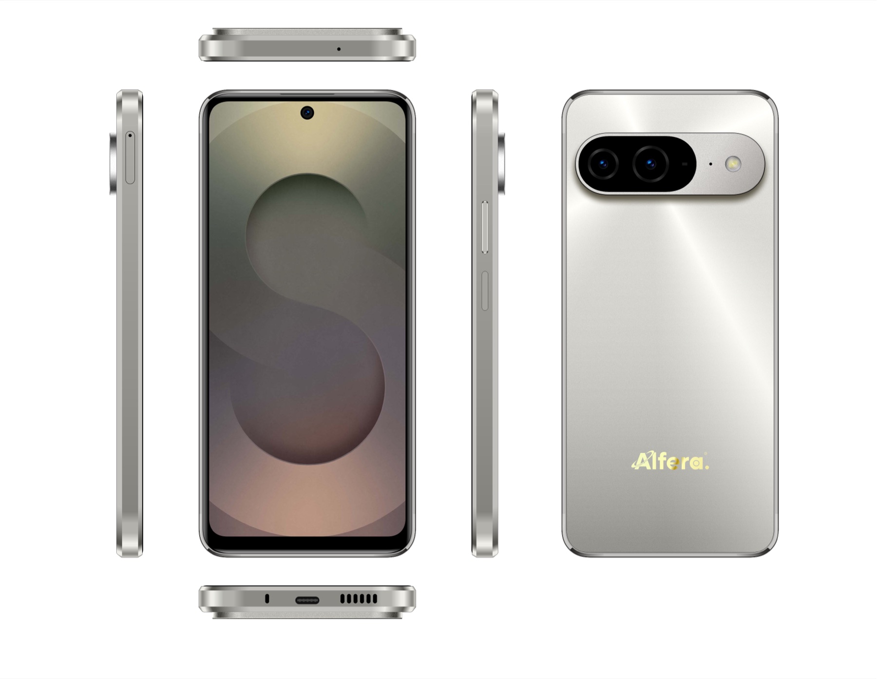 Alfera Titan smartphone in Heritage Silver — front, back and side views